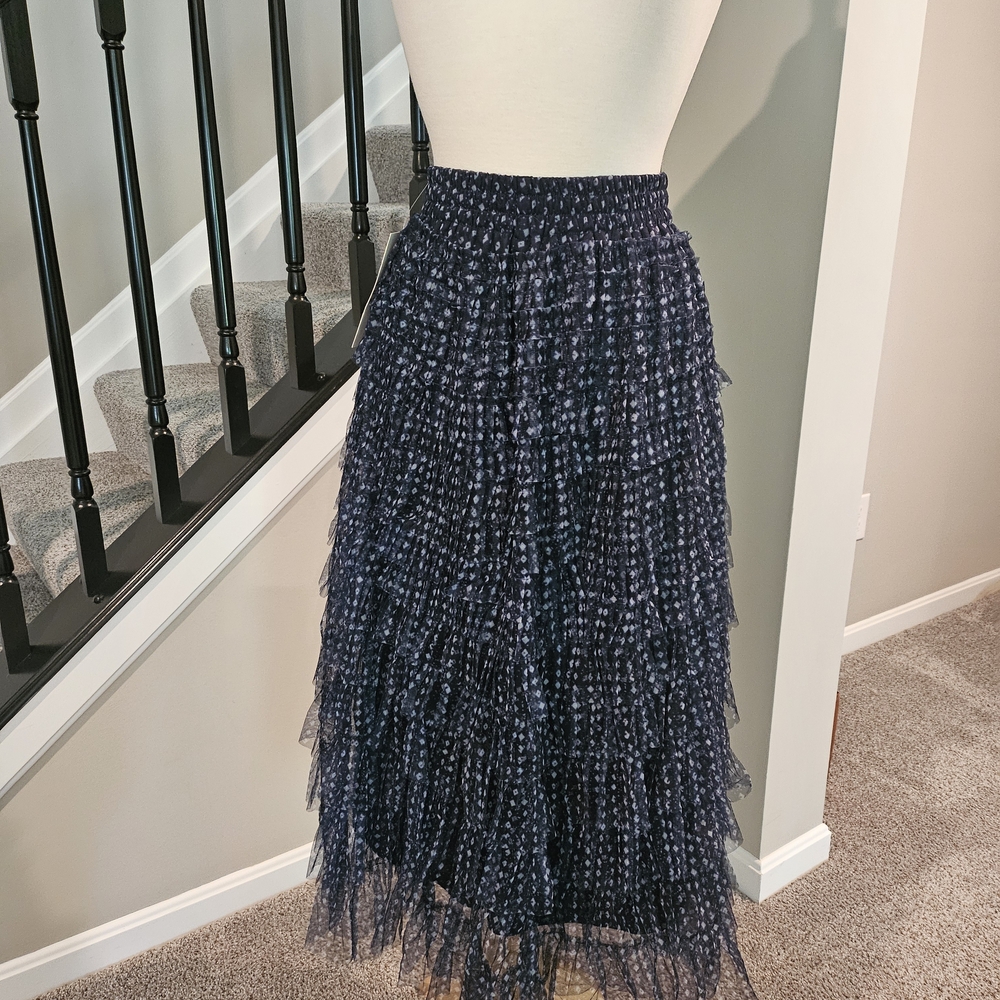 Indigo & Lace – Navy Blue/White Polka Dot Mesh Maxi Skirt (Size M)